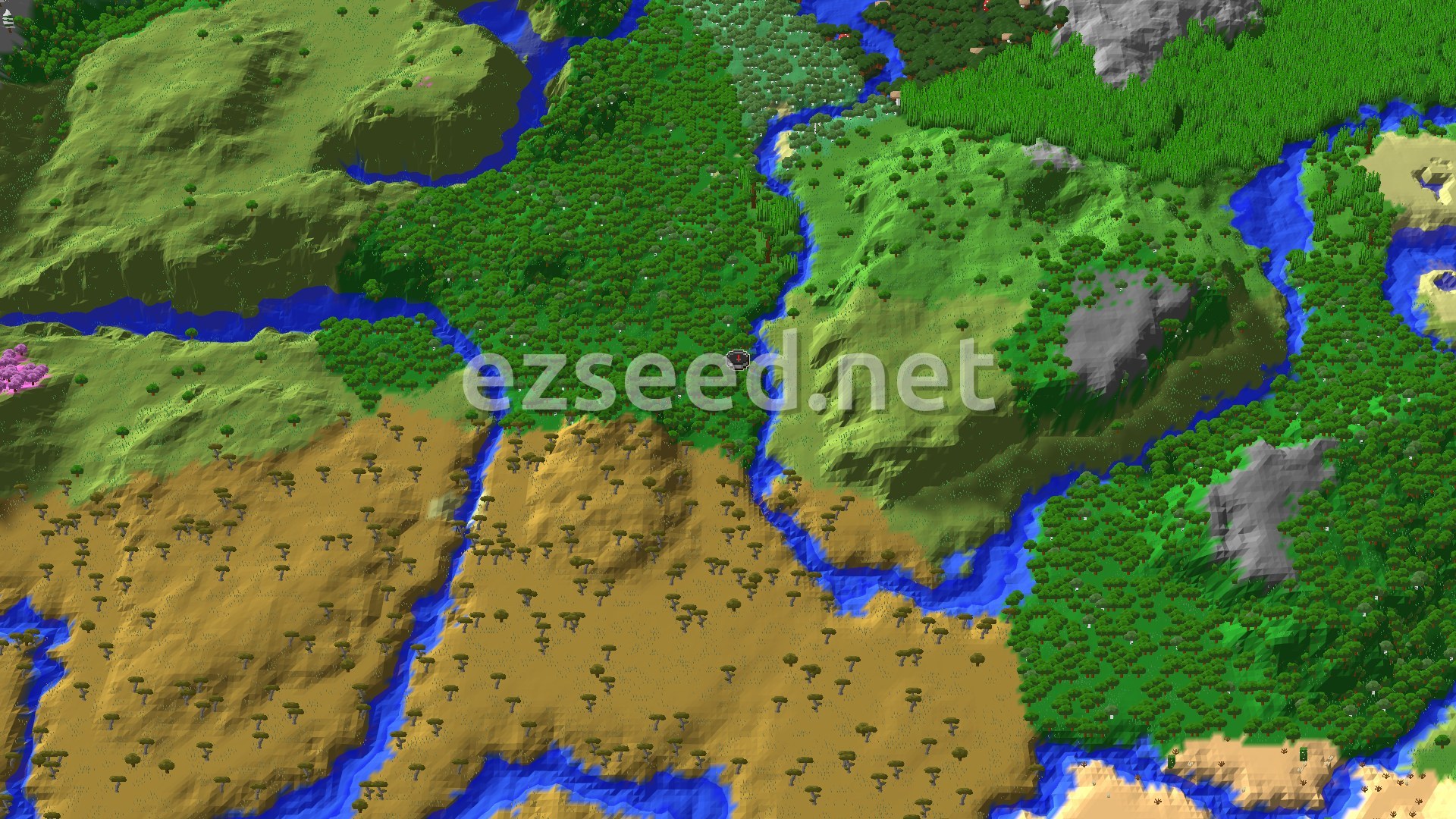 An aerial view of a forest, plains, and savanna landscape, with a river winding through.