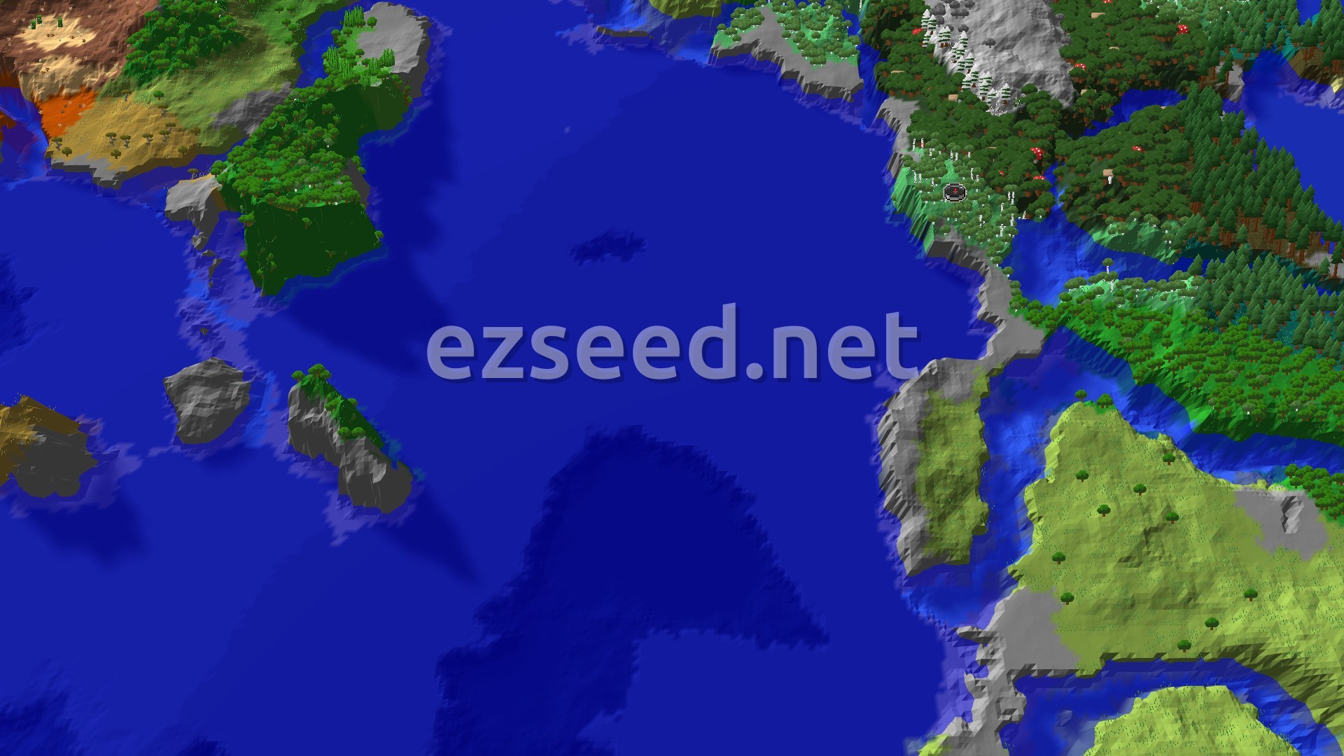 An overhead view of varied terrain, including lush forests, a large ocean, and rocky shores, with a marker at the center indicating spawn.