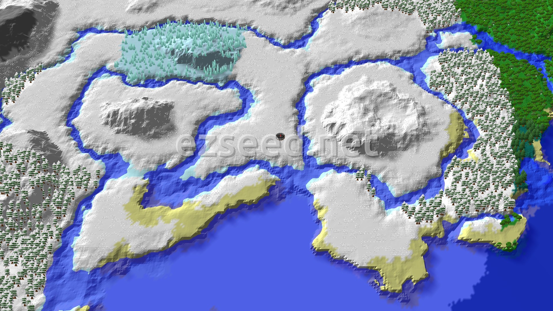 A bird's-eye view of a snowy, mountainous landscape with winding frozen rivers, patches of icy blue water, and sections of dark green coniferous forests, all under a scattering of white snow.