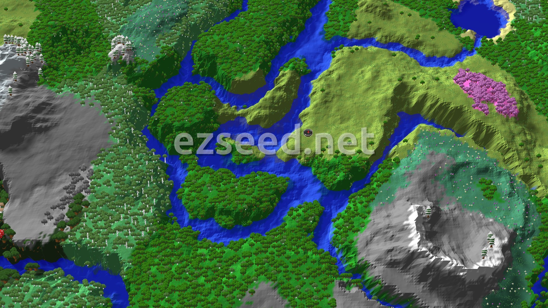 An aerial view of diverse biomes, including a river winding through forests and plains, with snowy peaks and a pink cherry grove visible in the distance.
