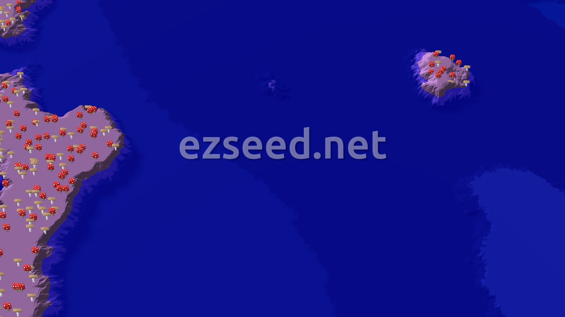 An aerial view showing a large body of deep blue water, with an island covered in red and brown mushrooms on the right and a larger mushroom-covered landmass on the left, both with textured edges.