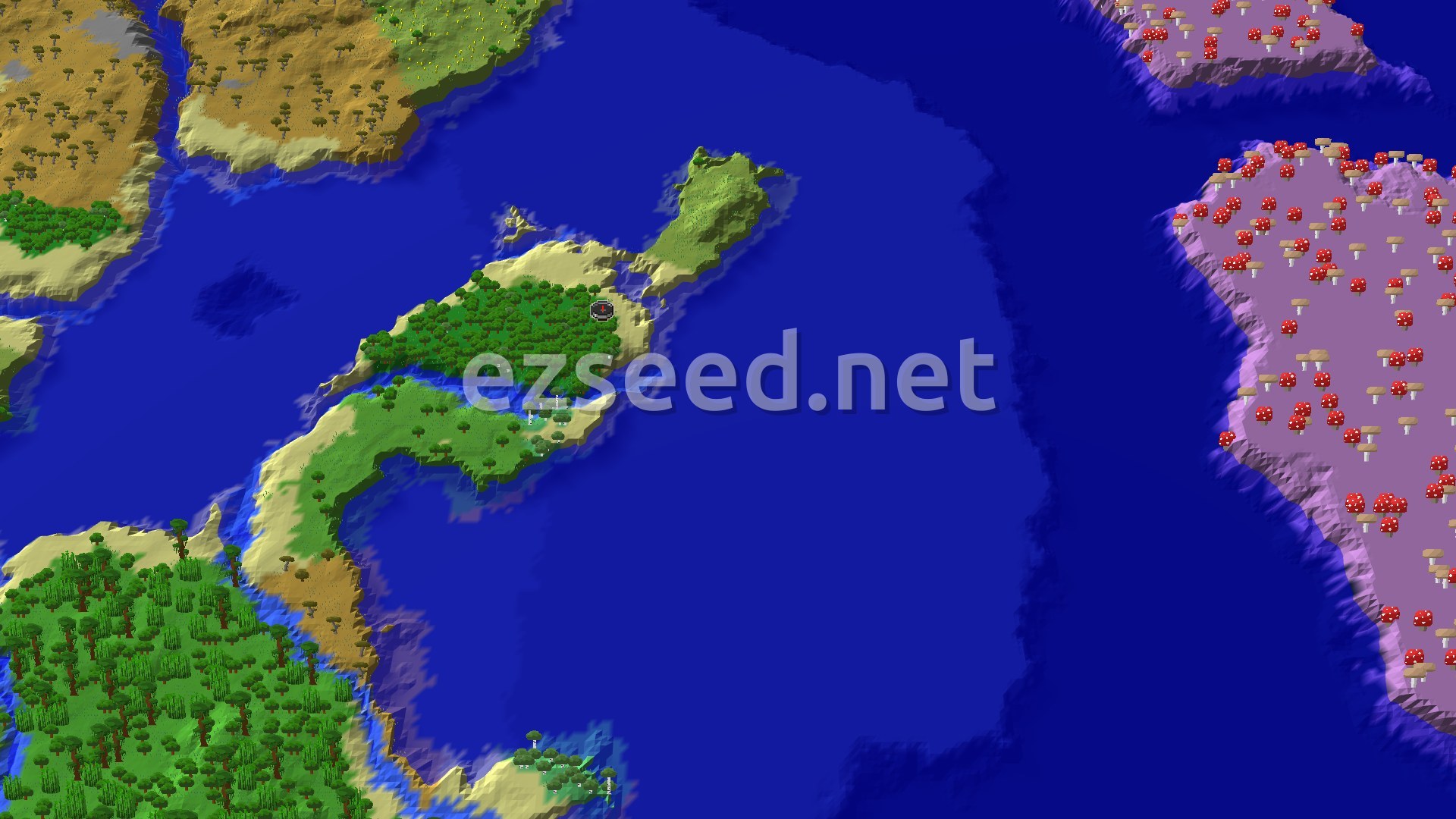 An aerial view of an island with a dense forest, surrounded by ocean, and a large mushroom fields biome to the east.