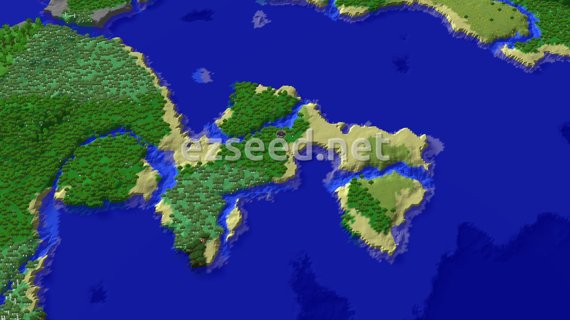 A 3D fly-over rendering of the seed's spawn area, showing a small island with a forest, surrounded by water and beaches, with a spawn marker in the center.