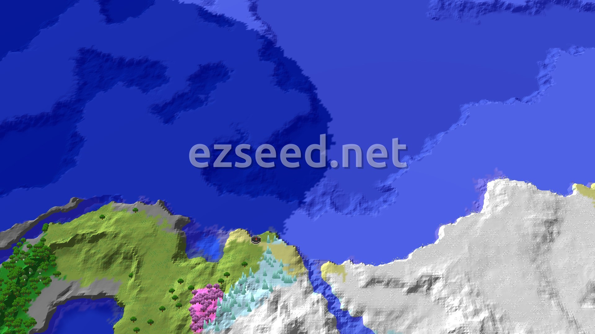 An aerial view of varied terrain around the spawn point, featuring a mix of green plains, snowy mountains, ice spikes, and a small patch of pink cherry trees, all bordering a large blue ocean.