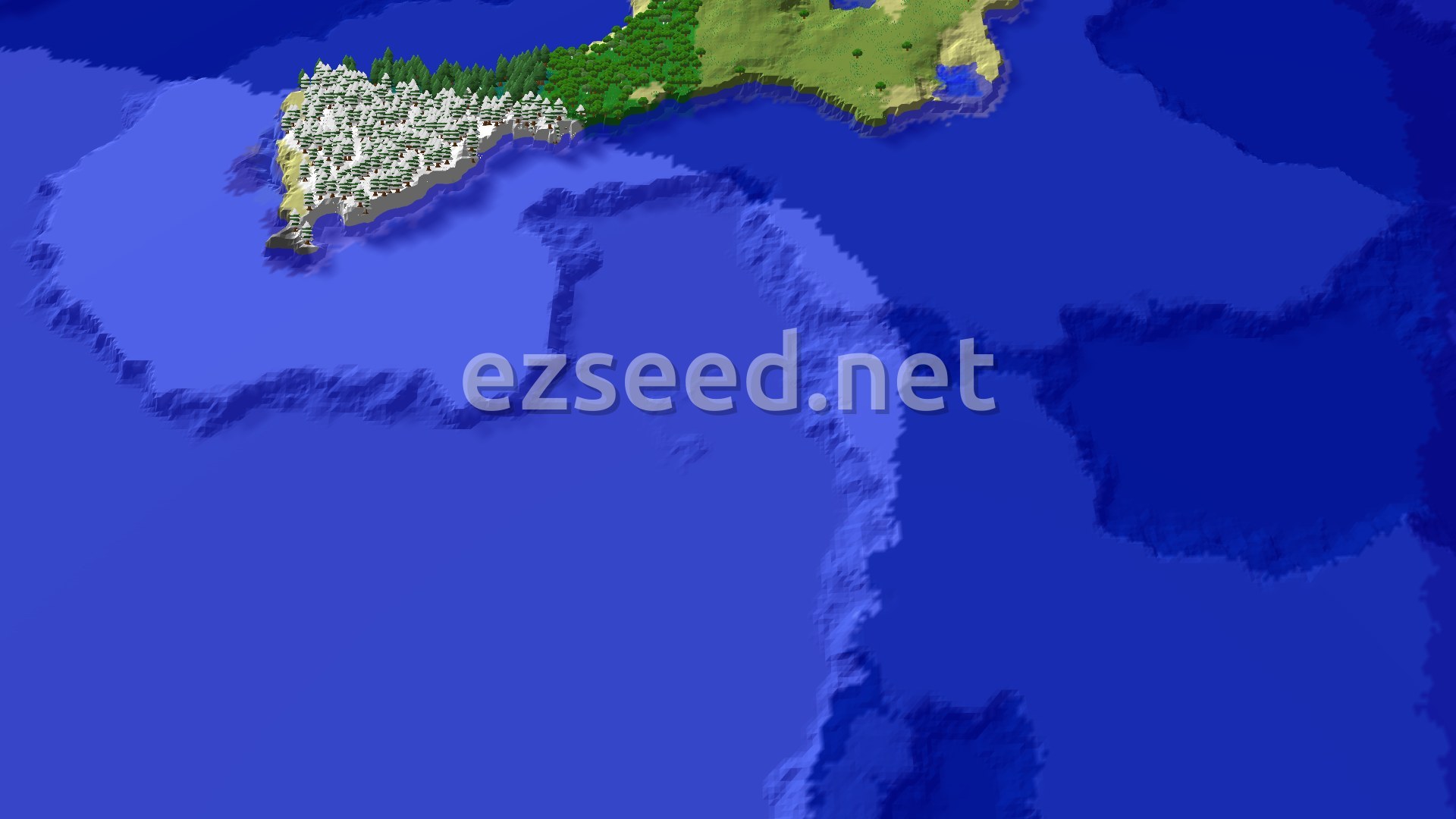 An overhead view of a diverse coastal landscape. A snowy forest lines a rugged shoreline, giving way to a large expanse of deep blue ocean. Plains and forests are visible further inland.