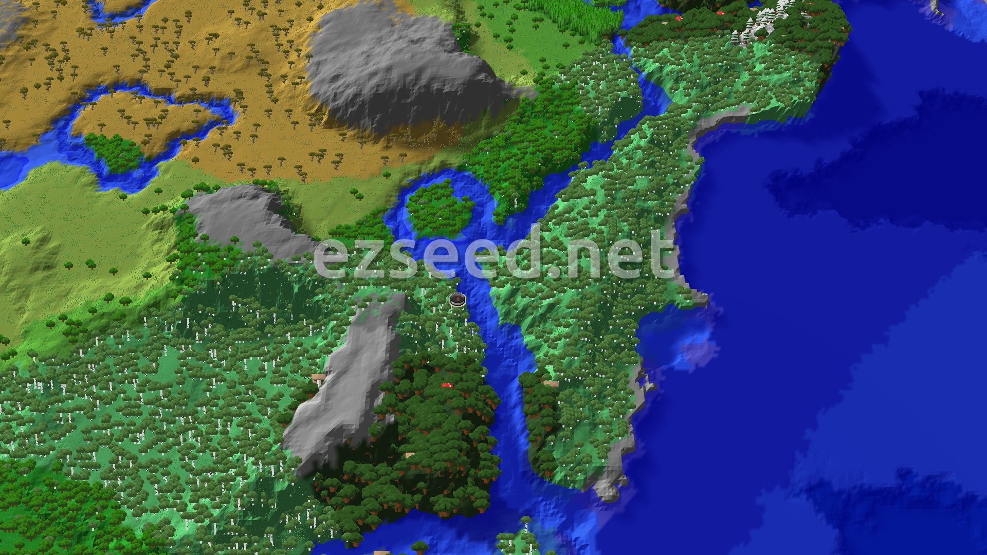 An overhead 3D view of a Minecraft landscape, showing a winding river through a mix of birch, dark, and regular forests, with a large ocean to the east and some savanna biome to the west. A small spawn marker sits in a birch forest.