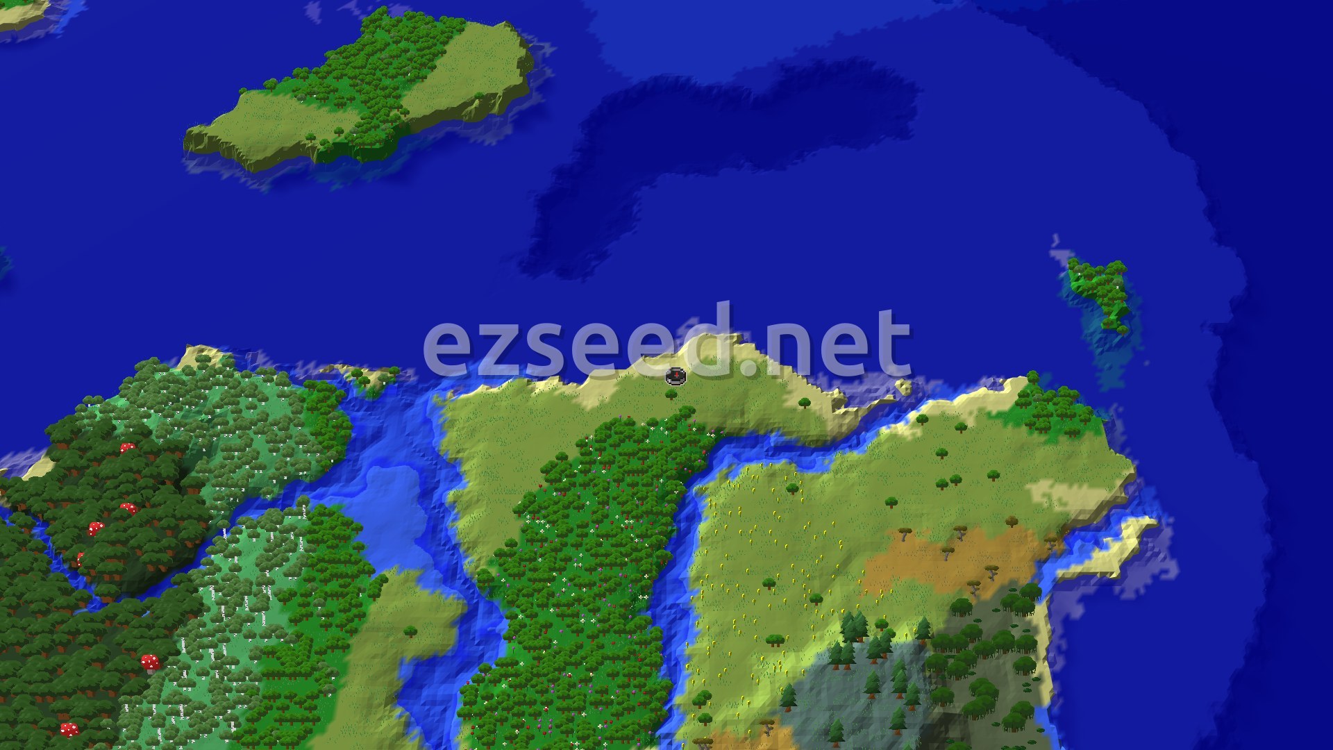 A 3D fly-over of a large island covered in plains, forests, and a colorful flower forest, surrounded by water.