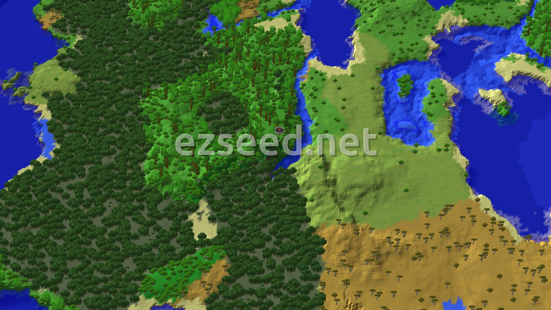 An overhead view of a dense jungle at the center, with a river winding through it. To the west, a coastline meets a large ocean, while plains and savannas stretch to the east and south.