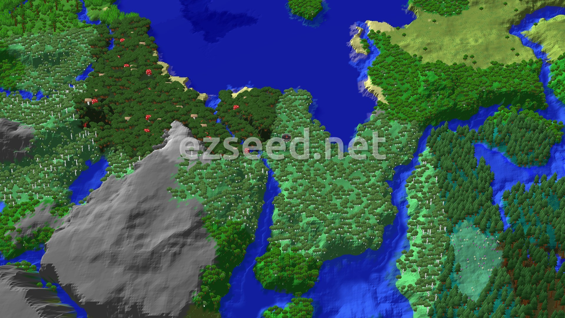 An aerial view of a heavily forested landscape with rivers and a large body of water, and a patch of grey mountains to the west. A small spawn marker is visible near the center.
