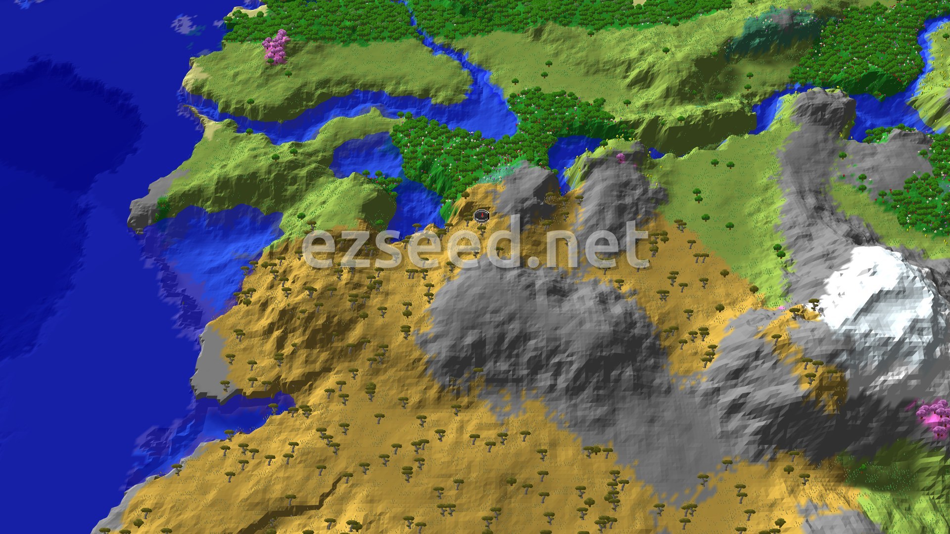 A 3D fly-over of a savanna plateau and savanna landscape with scattered trees, gentle hills, and a river winding through, viewed from above where the player spawns.