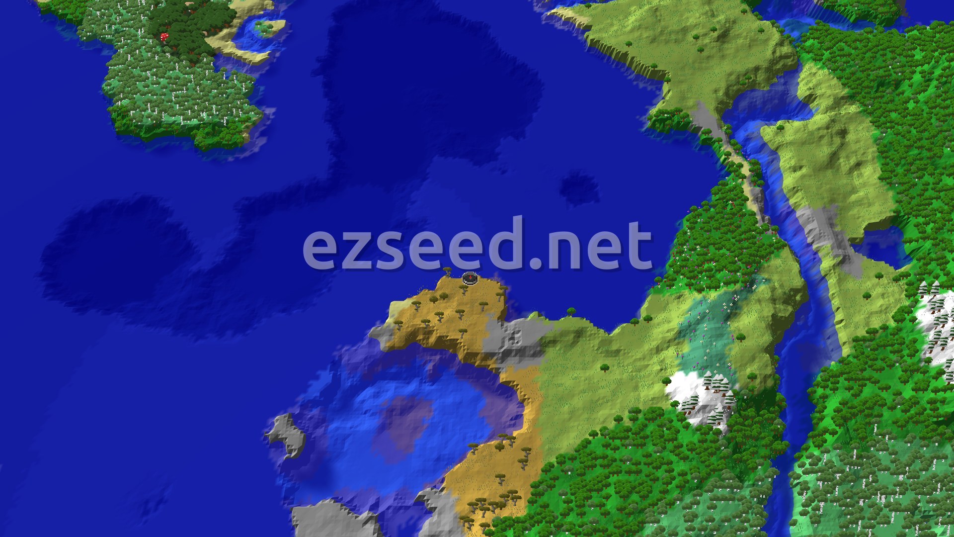An overhead view of a savanna biome with rolling hills and scattered trees, a river, and an ocean leading off to the left.