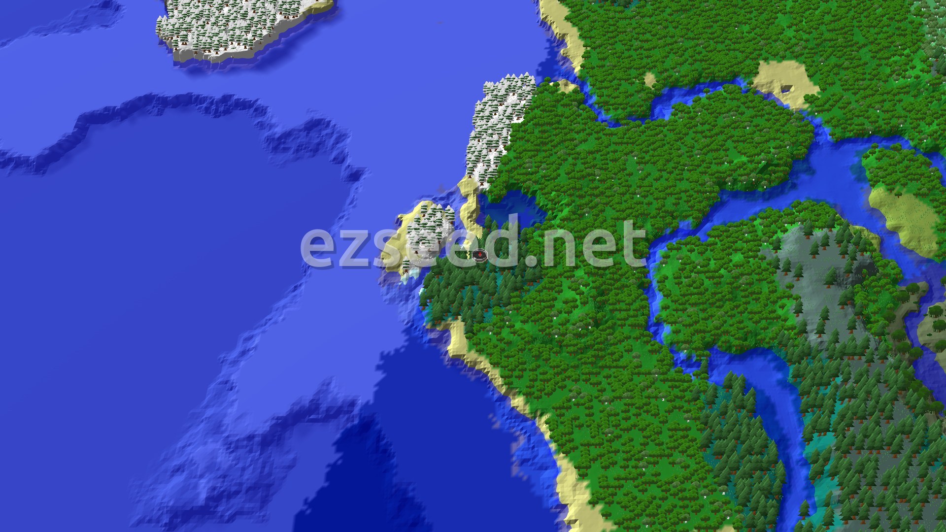 A top-down view of a varied landscape, with a dense taiga forest covering much of the land, meeting expansive cold oceans. Snow-capped trees are visible to the north, and a winding river cuts through the forest. The spawn marker sits within the green forest near the water's edge.
