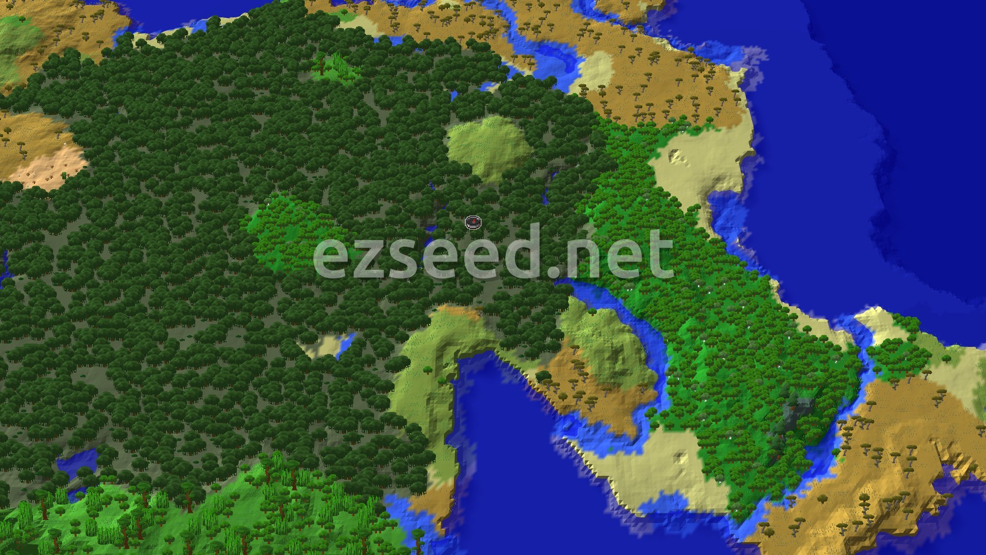 An aerial view showing a dense mangrove swamp at the center, surrounded by varied biomes like forests, plains, and a savanna, all near an ocean. A small spawn marker is visible in the swamp.