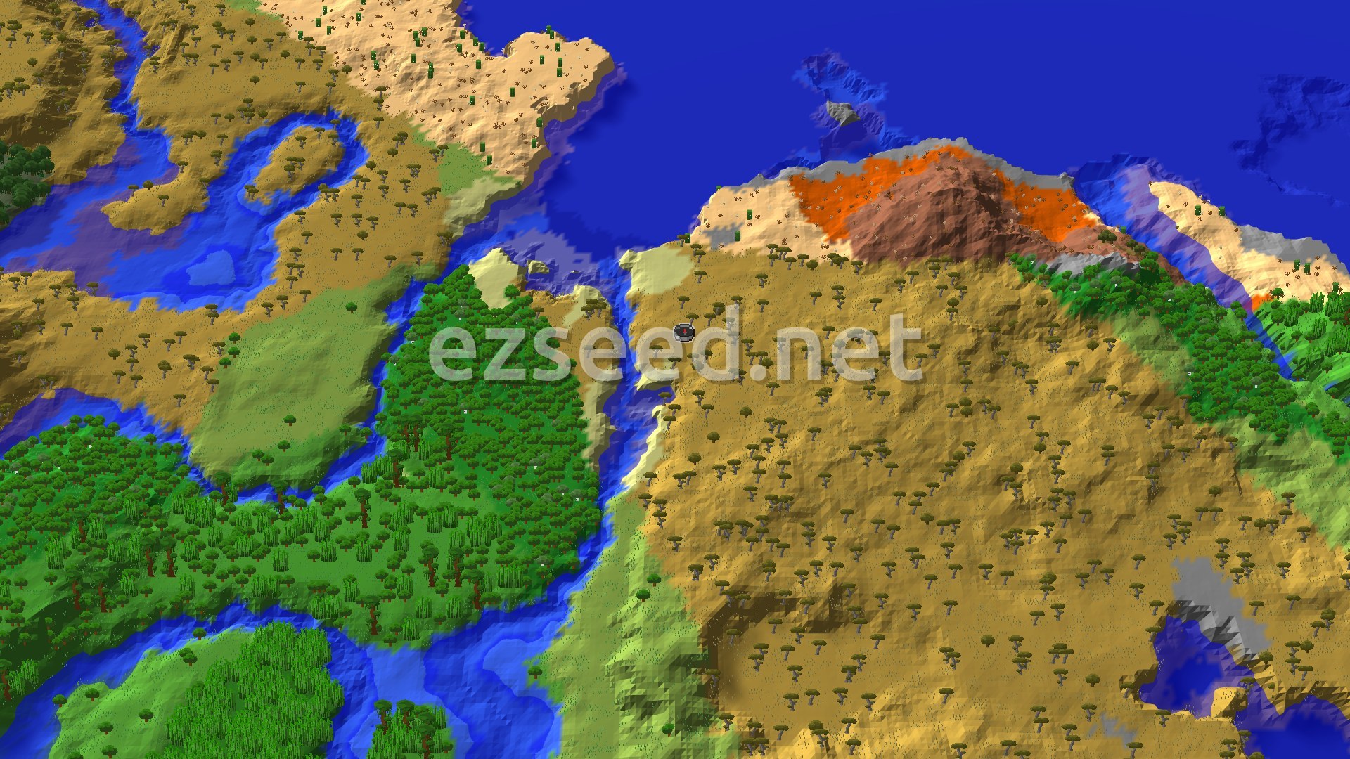 A bird's eye view of the spawn area, showing a large savanna with scattered acacia trees, winding rivers, and a distant desert and badlands biome near the ocean.