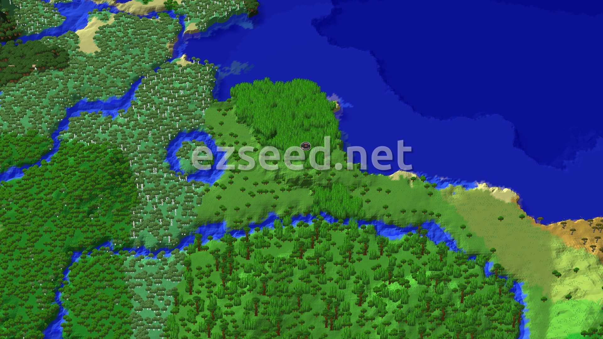 An aerial view of a vibrant green landscape, featuring dense bamboo jungle at the center, surrounded by other forested biomes and winding blue rivers, all bordering a large ocean to the north.