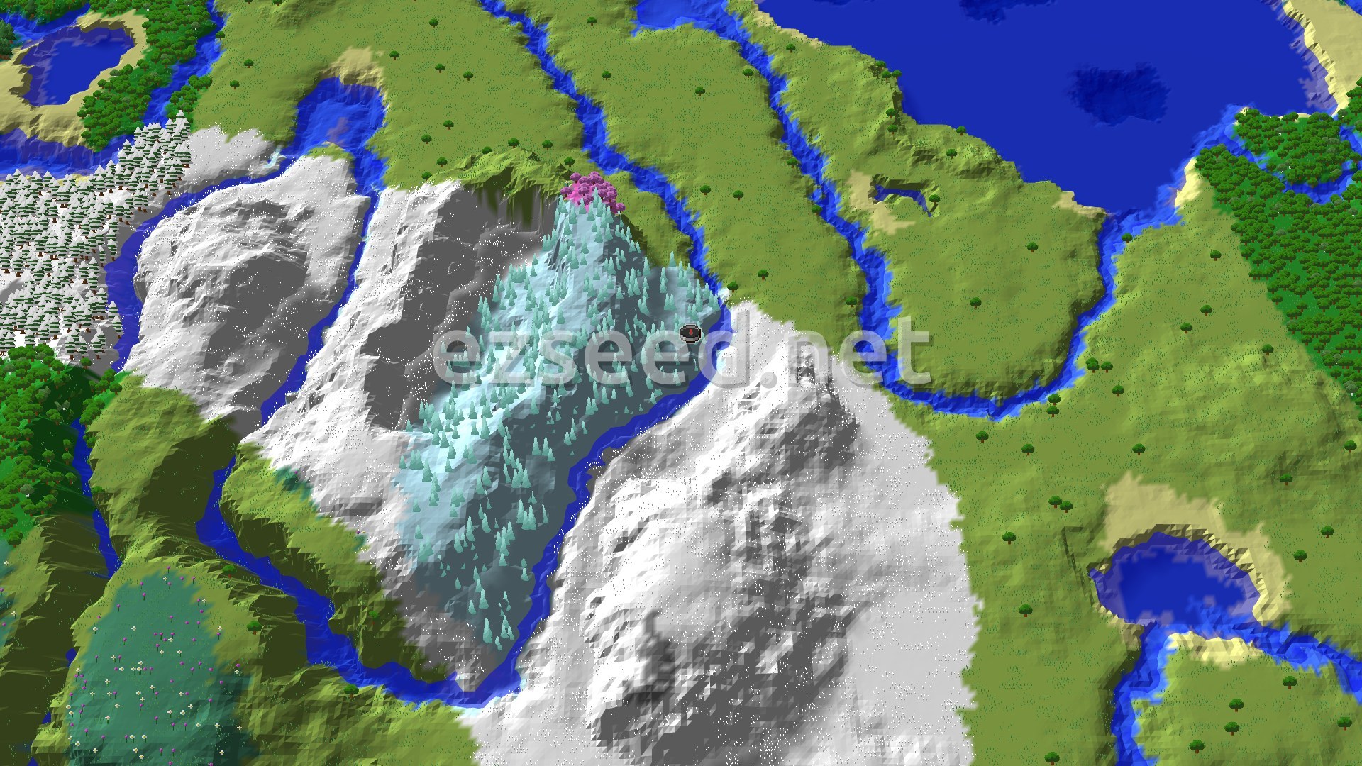 An aerial view of a snowy mountain landscape, with icy peaks and ice spike formations. A river winds through green plains and forests, leading to a large body of water. A small, dark spawn marker is visible near the center of the image, nestled among the ice spikes.