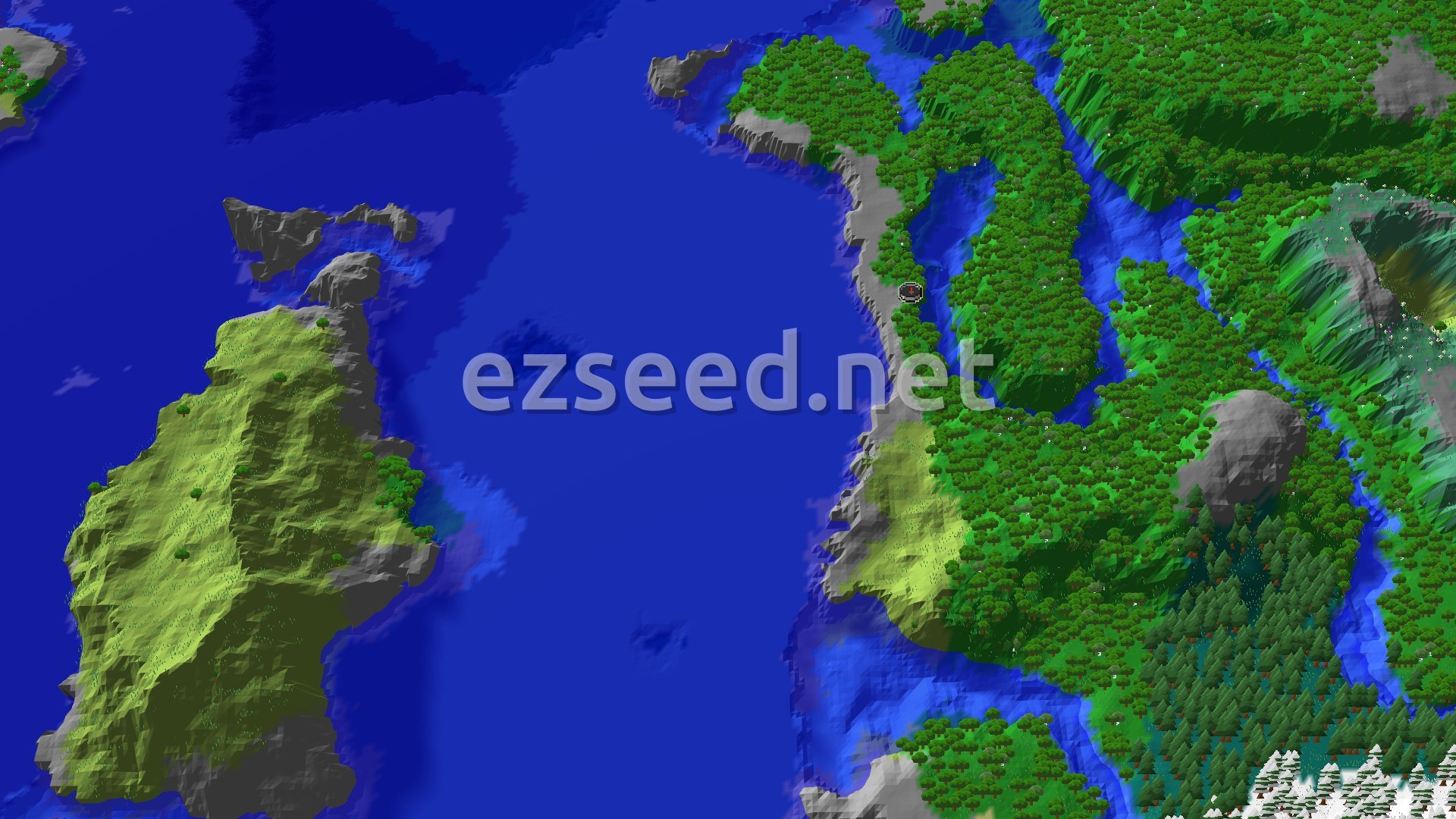 A 3D fly-over of a verdant forested coastline with a small spawn marker in the center. To the west, a large island rises from the ocean. To the east, the forest gives way to snowy peaks.