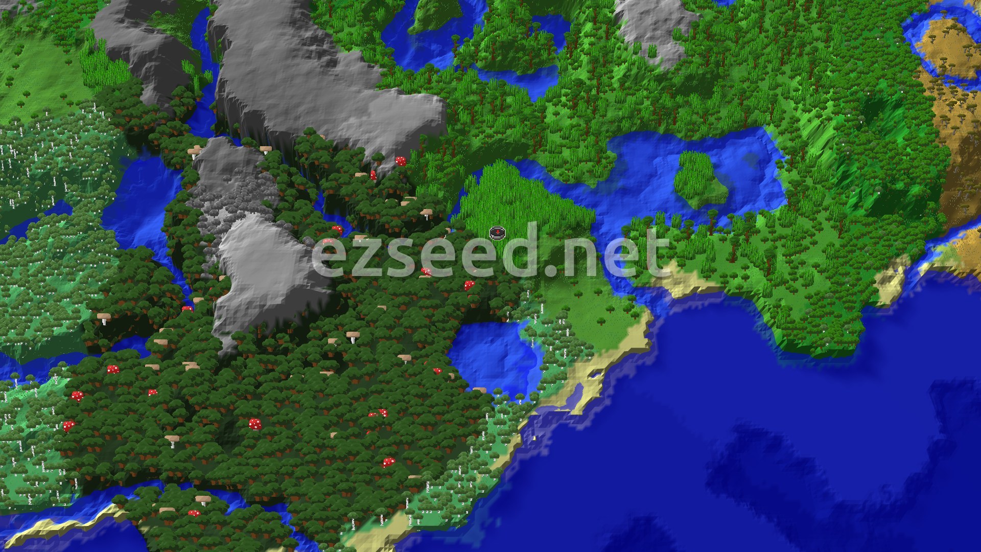 A 3D fly-over of a verdant landscape showing a dense bamboo jungle at the center, surrounded by other thick forests, some gray mountains, and blue bodies of water. A small spawn marker is visible in the middle.