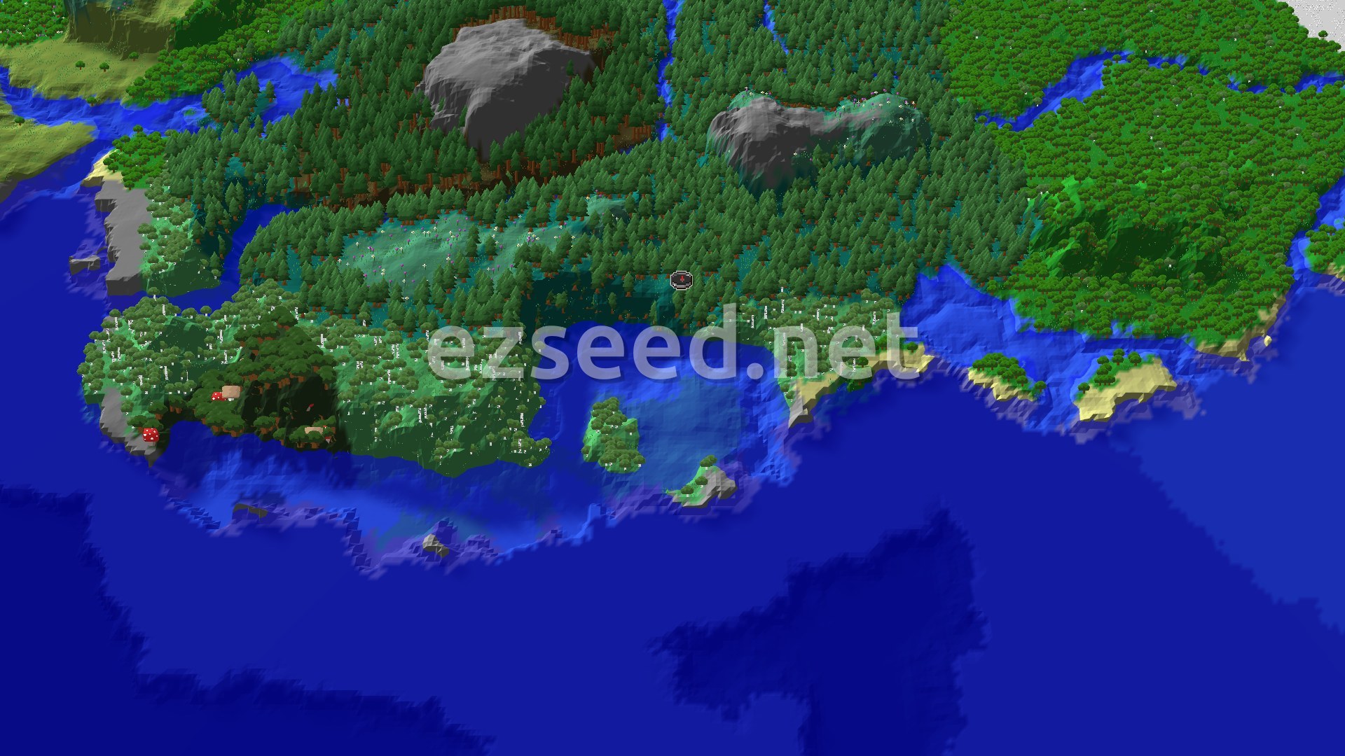 An overhead 3D view of a Minecraft world, showing dense Taiga forests, a winding river, and a coastline with beaches and ocean. A small spawn marker is visible in the center of the Taiga.