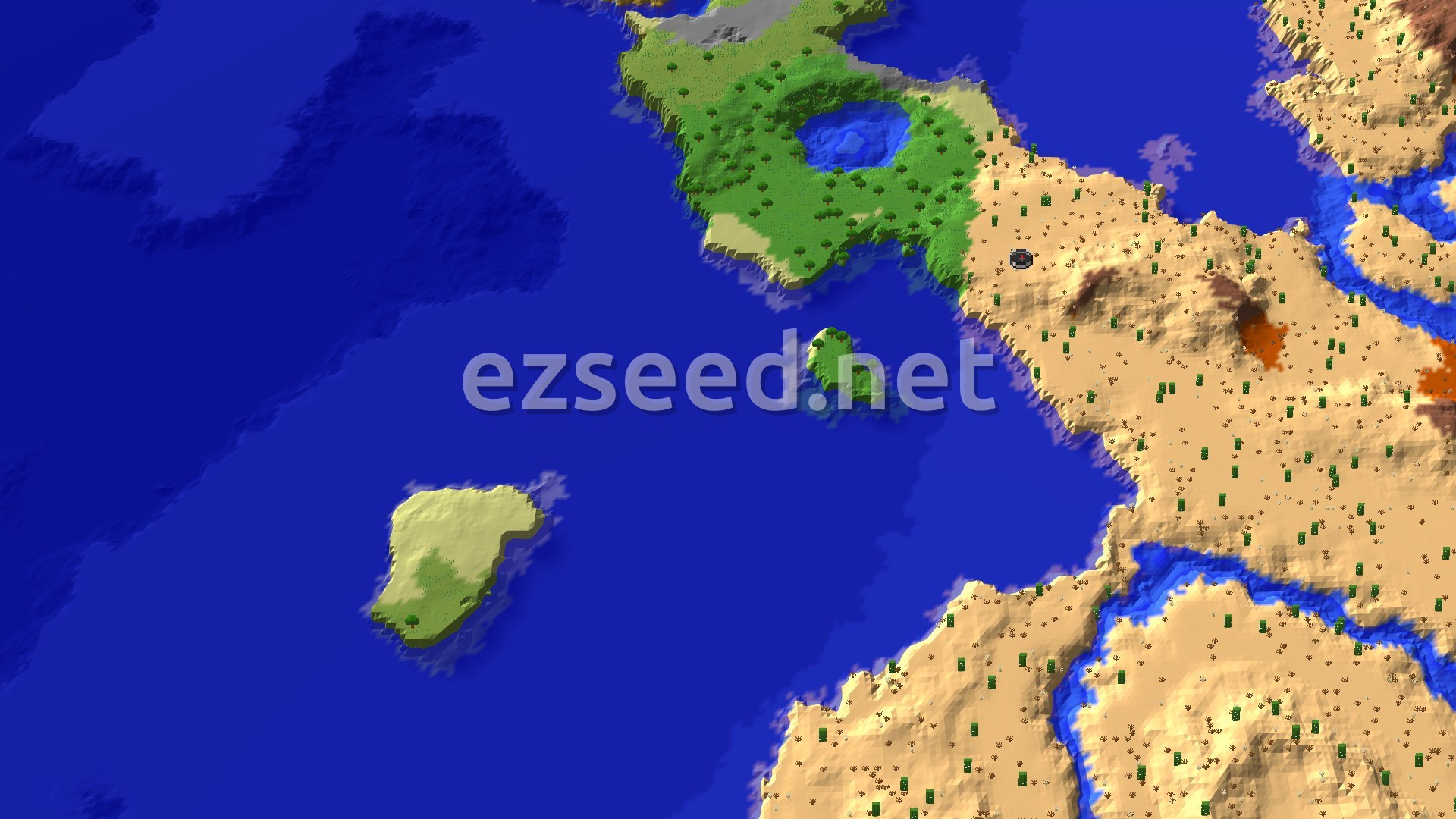 An aerial view of a desert landscape featuring an enclosed lake, with sparse jungle and badlands biomes visible in the distance.