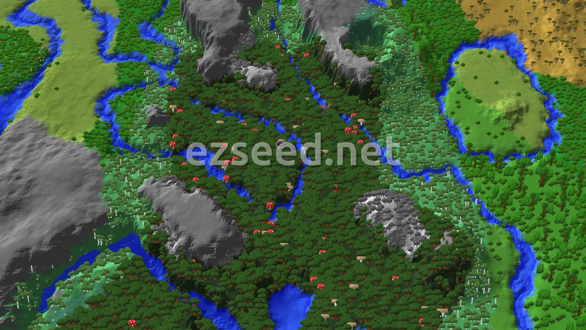 An aerial view of a dense Dark Forest biome with large mushroom trees, intersected by winding rivers. Gray mountains rise in the distance, and patches of savanna and other forests are visible.