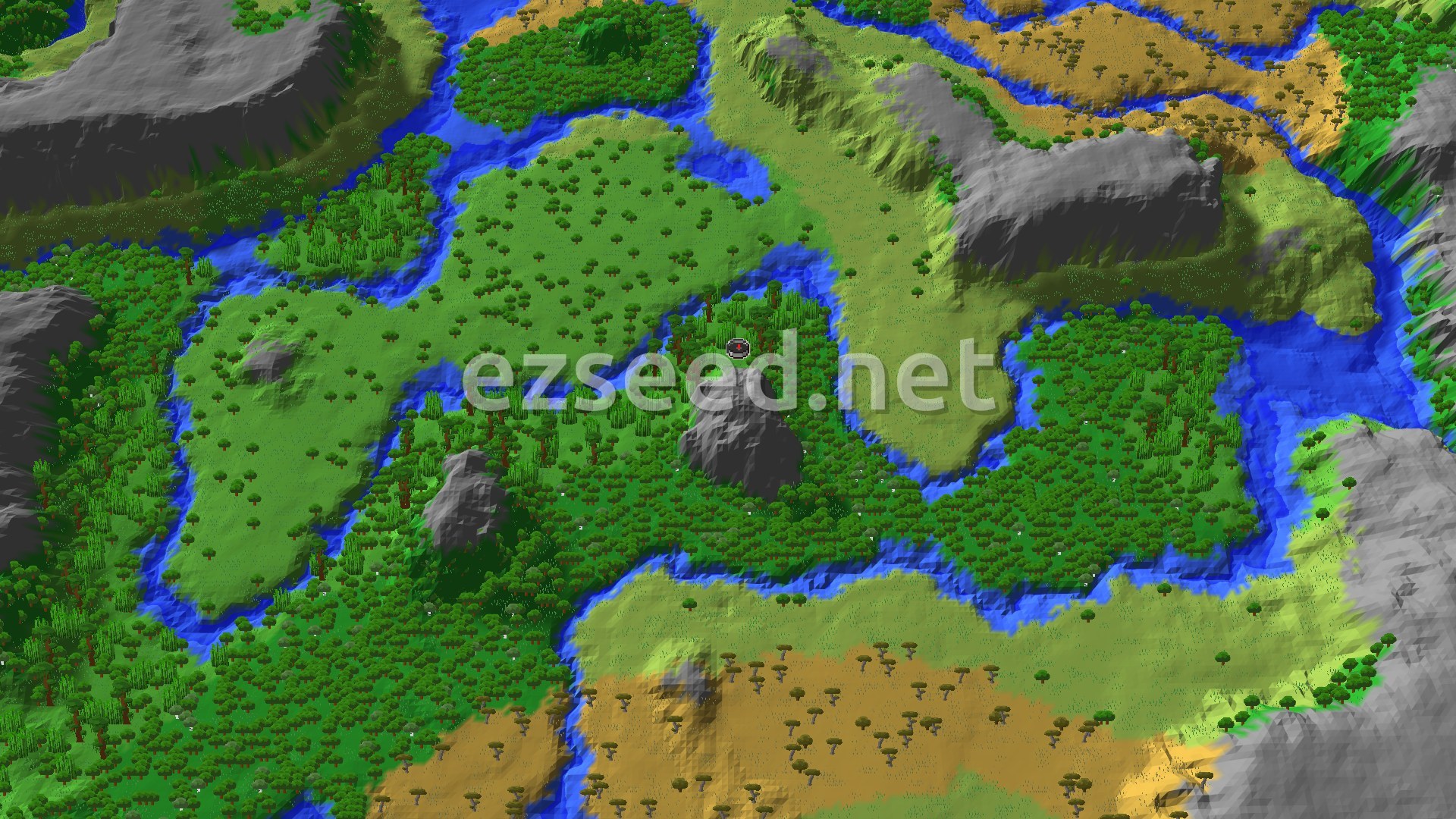 A 3D fly-over showing a dense jungle biome at the center, surrounded by varied terrain including forests and plains, with higher ground forming a ring around the spawn point.