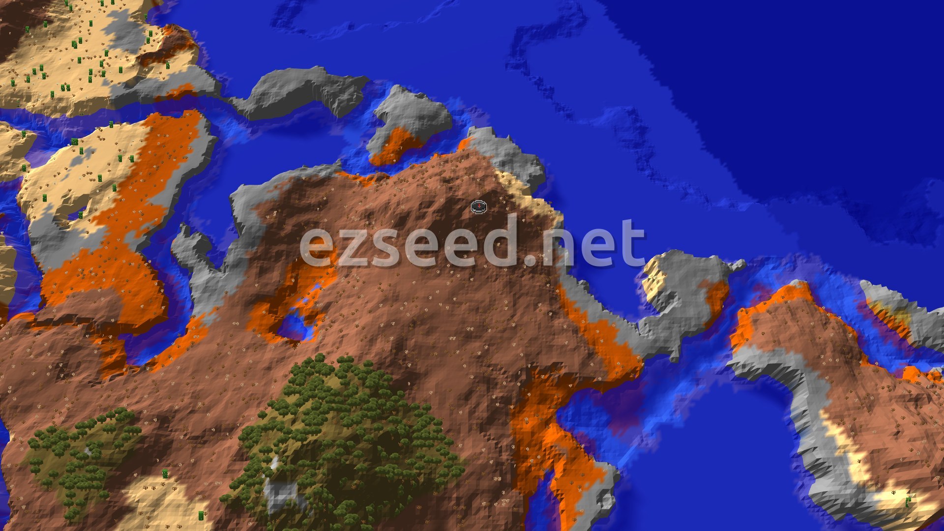 An aerial view shows a large Badlands mesa biome, with patches of desert and stony shore along a deep blue ocean.