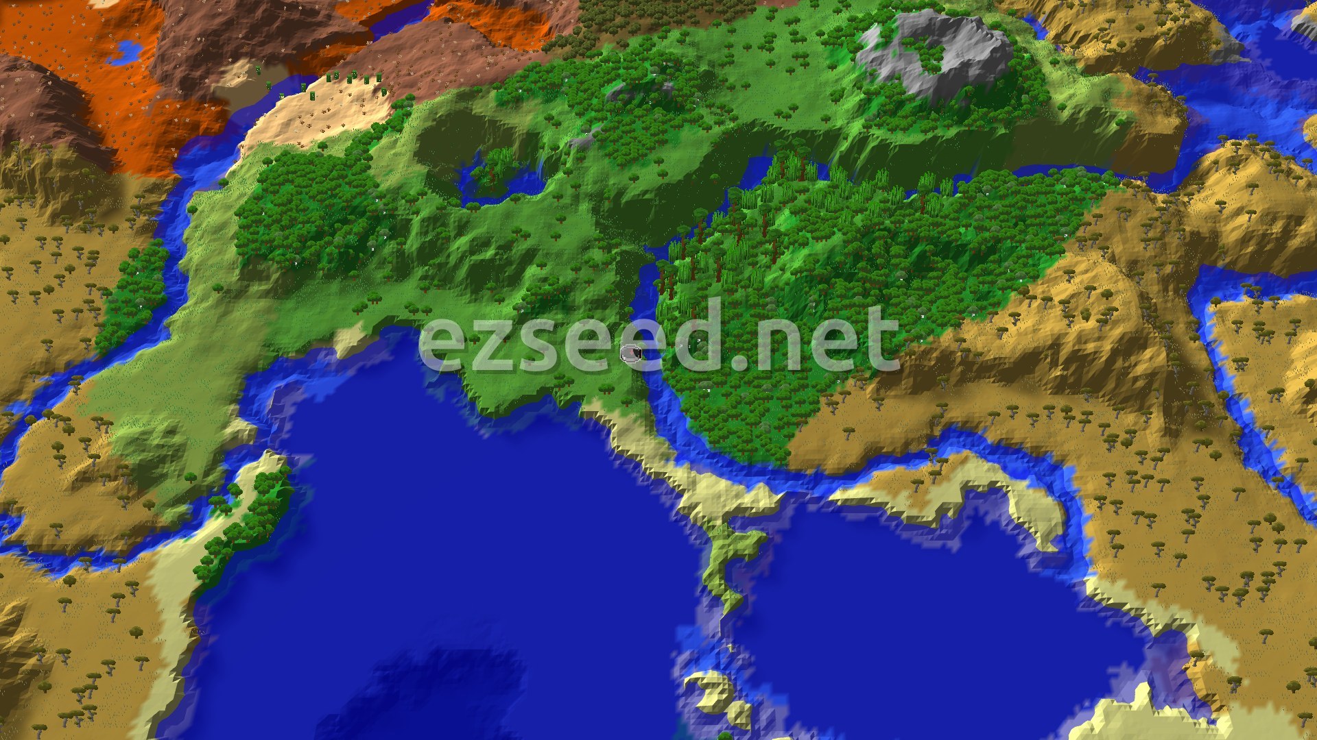 An aerial view of a sparse jungle biome, bordered by a river and various ocean biomes, with hills and plains in the distance. A small spawn marker is visible in the center.
