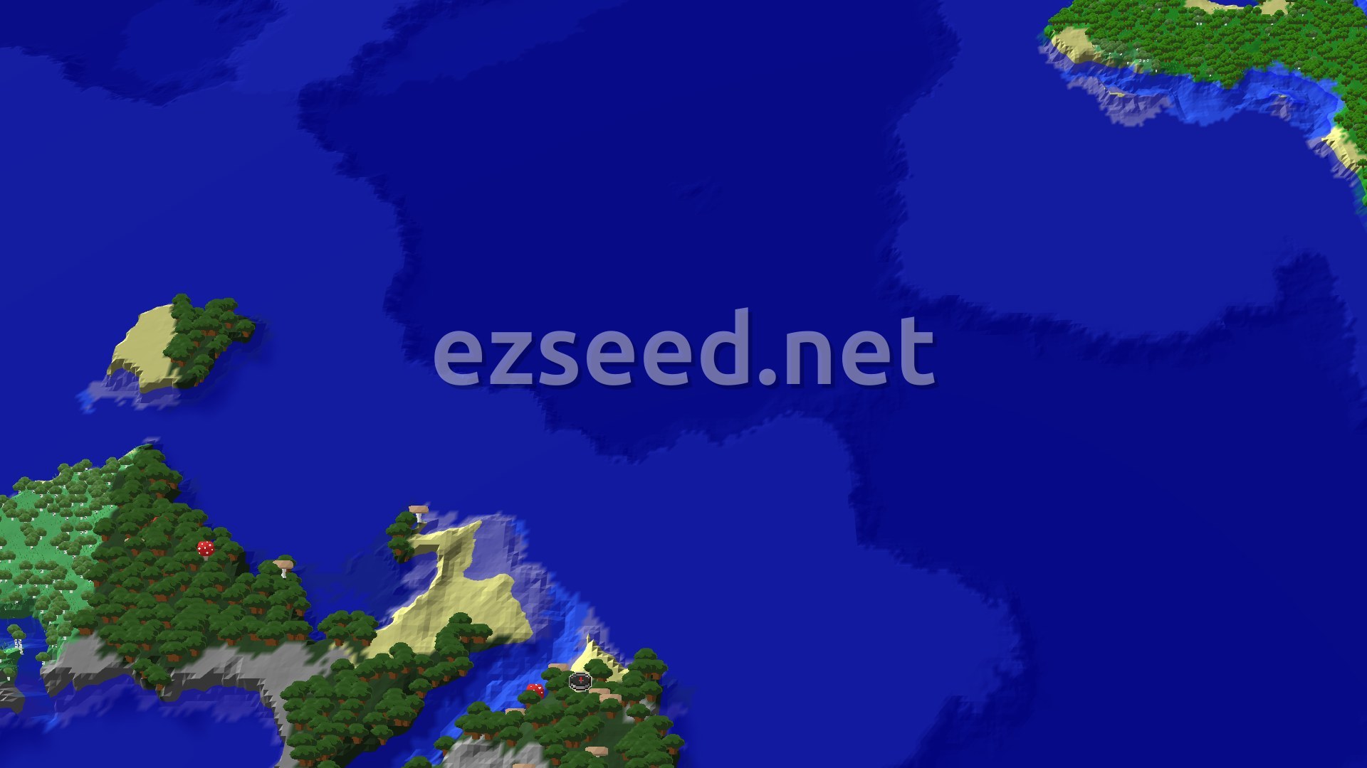 A 3D overhead view of a Dark Forest island with dense trees and a small spawn marker, surrounded by a vast ocean and distant landmasses.
