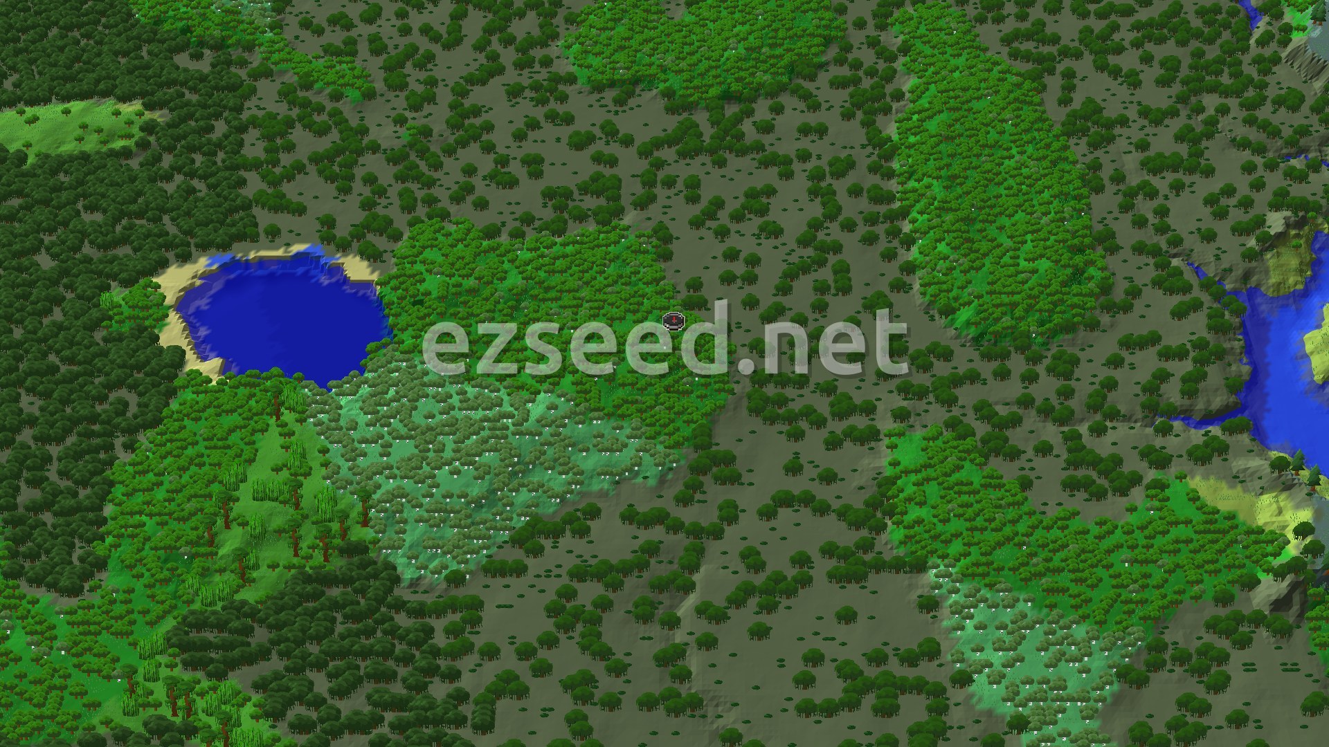 An aerial view of a dense forest biome with a small lake to the west and a river to the east, showing rolling hills and green foliage.