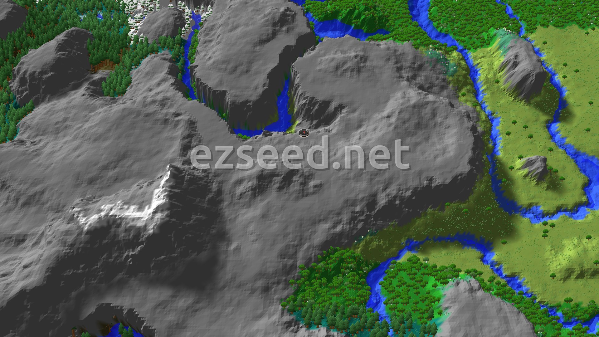 A 3D fly-over of the terrain and vegetation around spawn, showing a meadow, vast gray mountains, forests, and winding rivers, with a small spawn marker at the center.