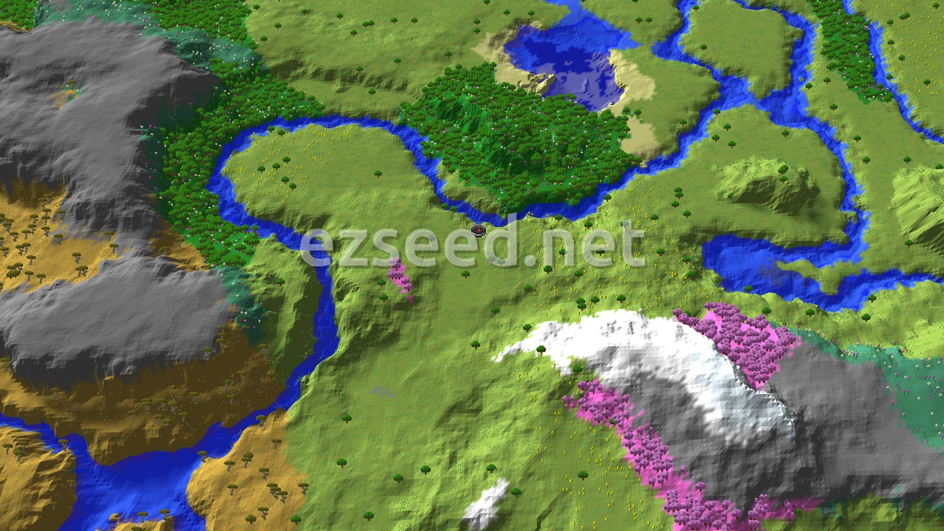 An aerial view shows a sprawling plains biome with a river winding through it. A large forest sits to the north, and a distinct cherry grove with pink trees is visible to the southeast. Mountains rise in the west and south, with patches of snow.