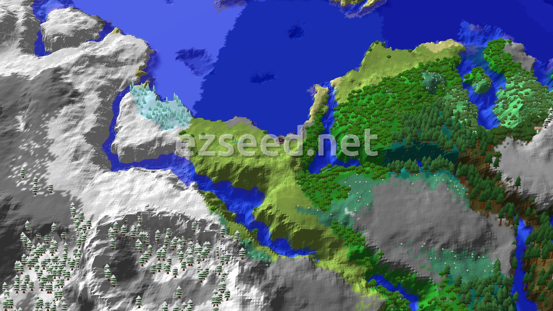 Aerial Minecraft seed map — Spawn Near a Ruined Portal and Snowy Peaks
