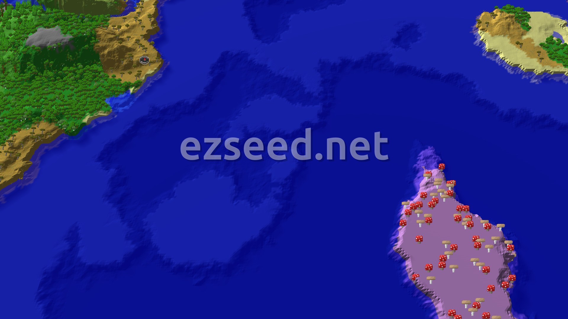 An aerial view of a savanna biome with scattered acacia trees, bordered by a large expanse of ocean. A small marker indicates the spawn point.