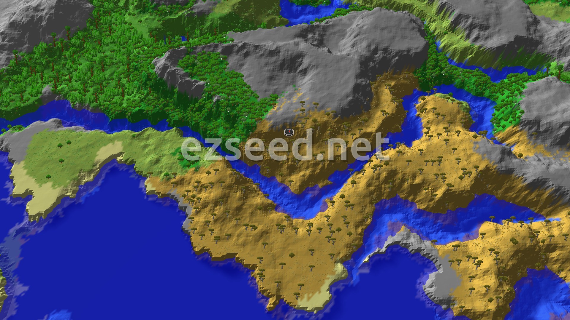 An overhead view of rolling savanna hills and plateaus, with scattered trees and a winding river. No structures are visible.