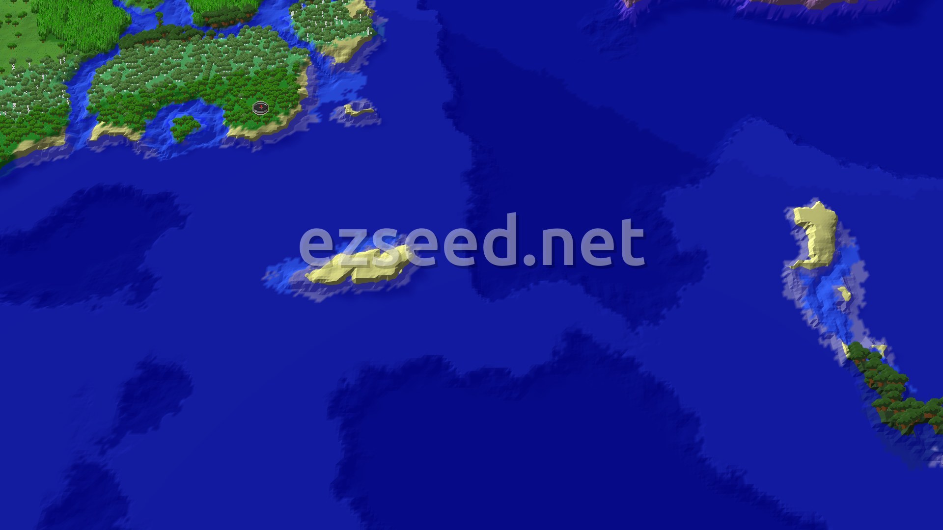 An overhead view of a large forest island with a small spawn marker, surrounded by ocean and smaller landmasses. The terrain is mostly flat around spawn, with some gentle hills in the distance.