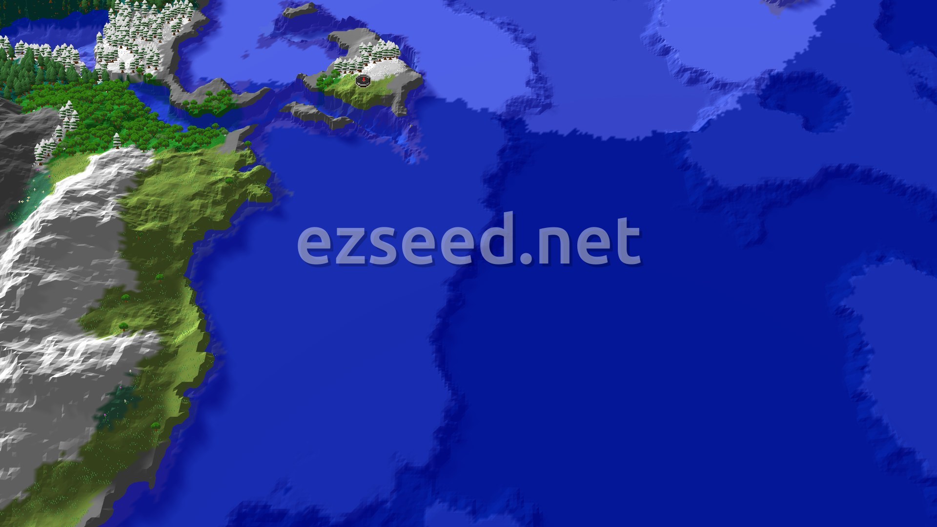 A 3D fly-over of a small island with plains, snowy taiga, and forest biomes, surrounded by ocean, with a spawn marker.