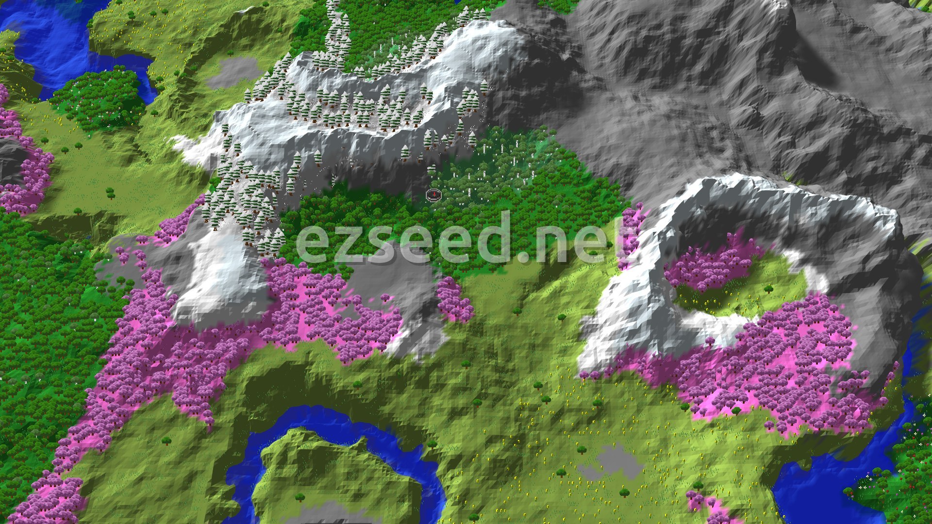 Aerial Minecraft seed map — Ancient City Next to Snowy Peaks and Cherry Groves