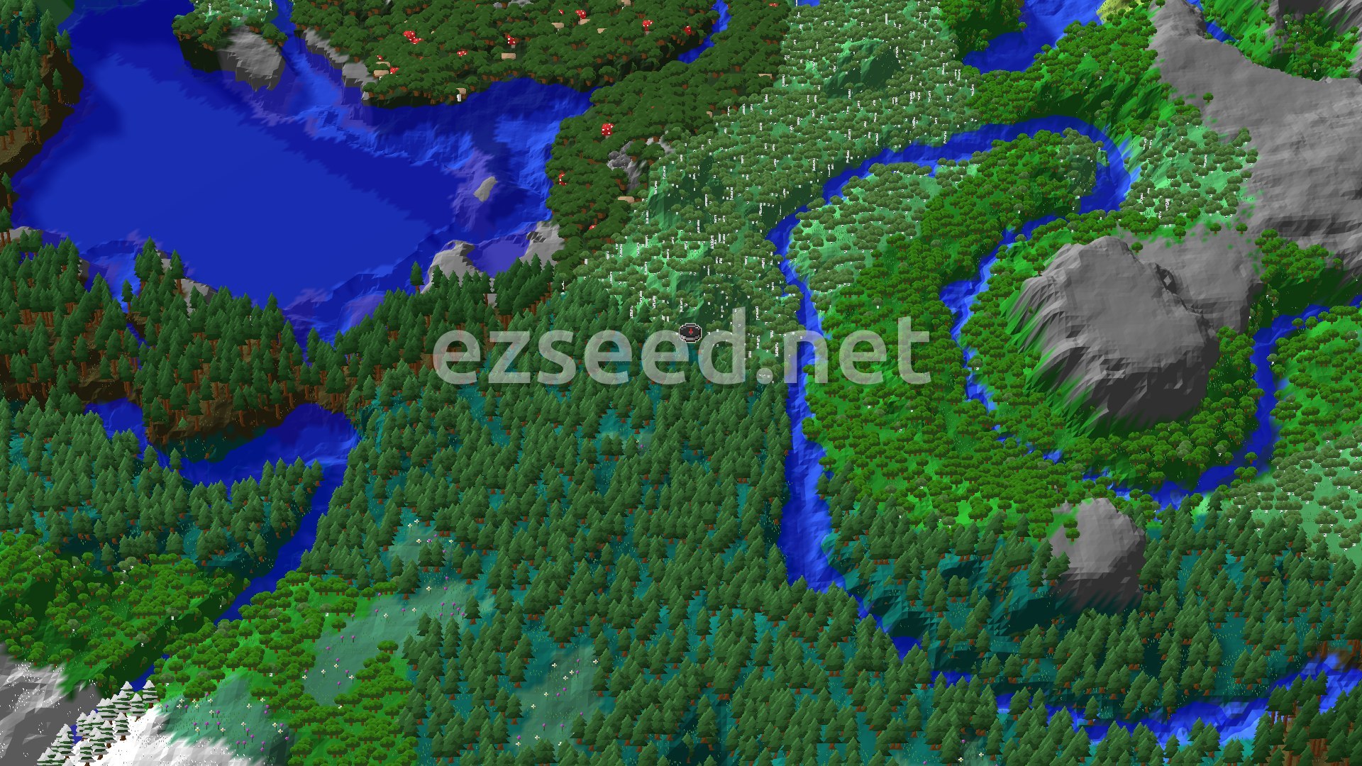 Aerial Minecraft seed map — Forests and a Nearby Pale Garden