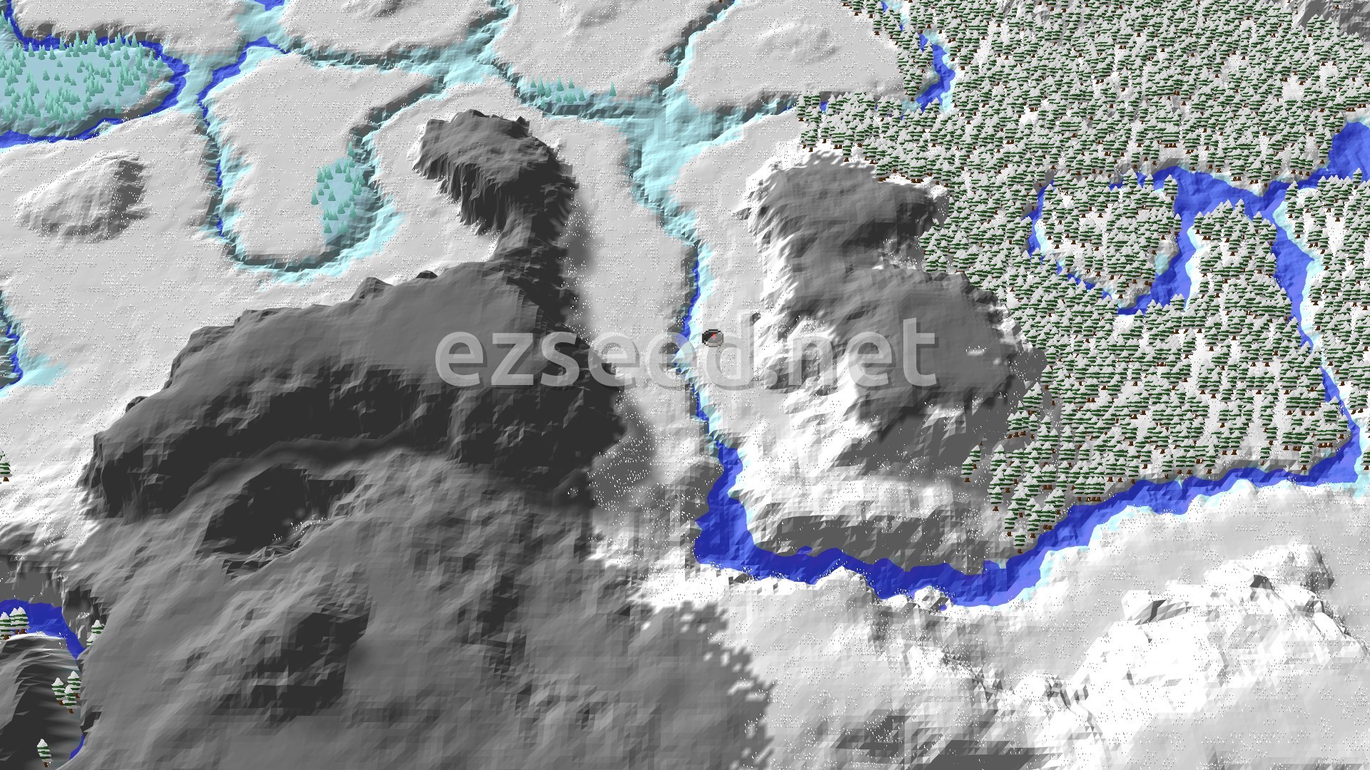 Aerial Minecraft seed map — Spawn in a Snowy Plains with an Ancient City Nearby