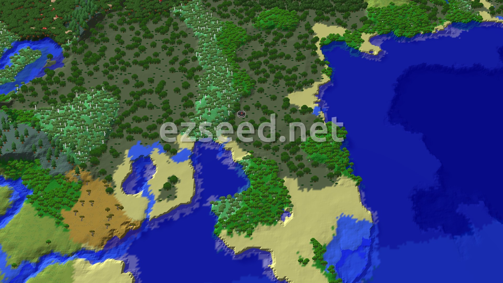 An aerial view of a Minecraft world, with a swampy forested area around the spawn point. A large ocean borders the land to the east, with beaches and some inland water bodies. A savanna biome is visible to the southwest.