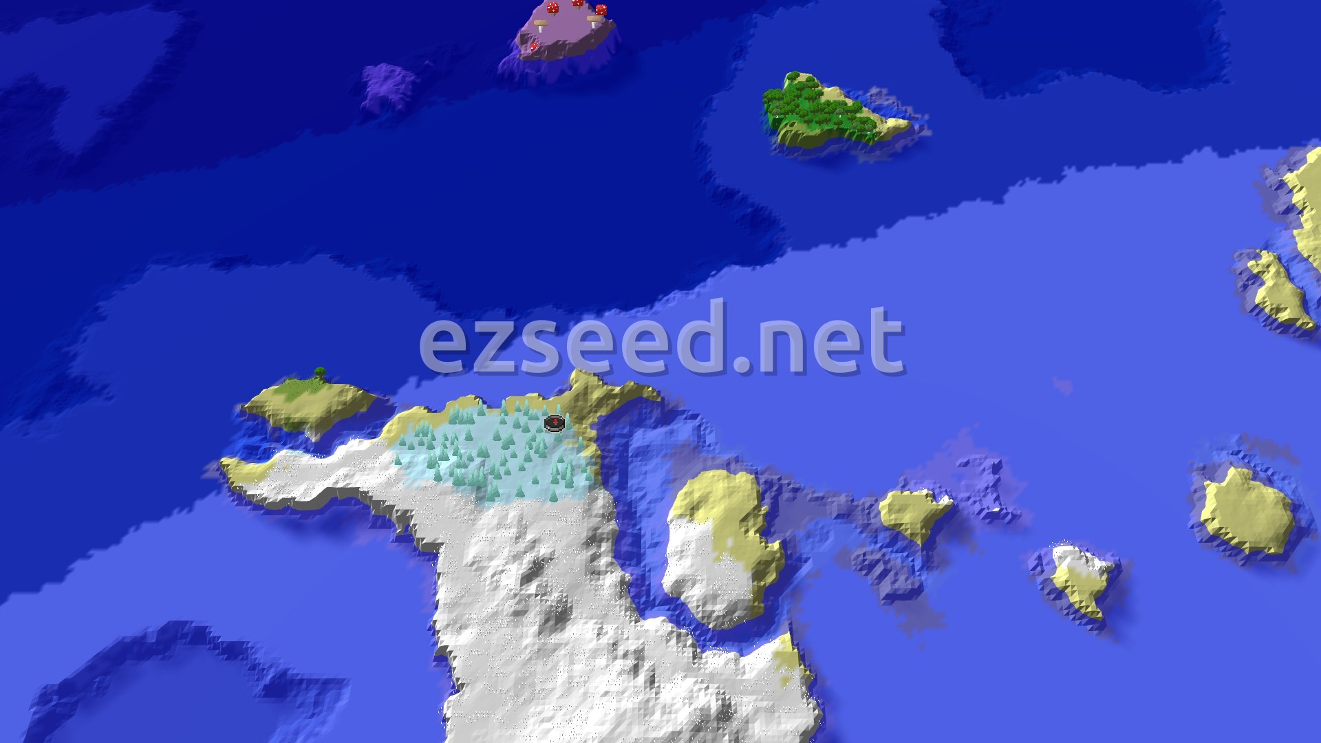 A 3D fly-over of a frozen landscape with ice spikes and snowy plains, surrounded by ocean, with a small marker at the spawn point.