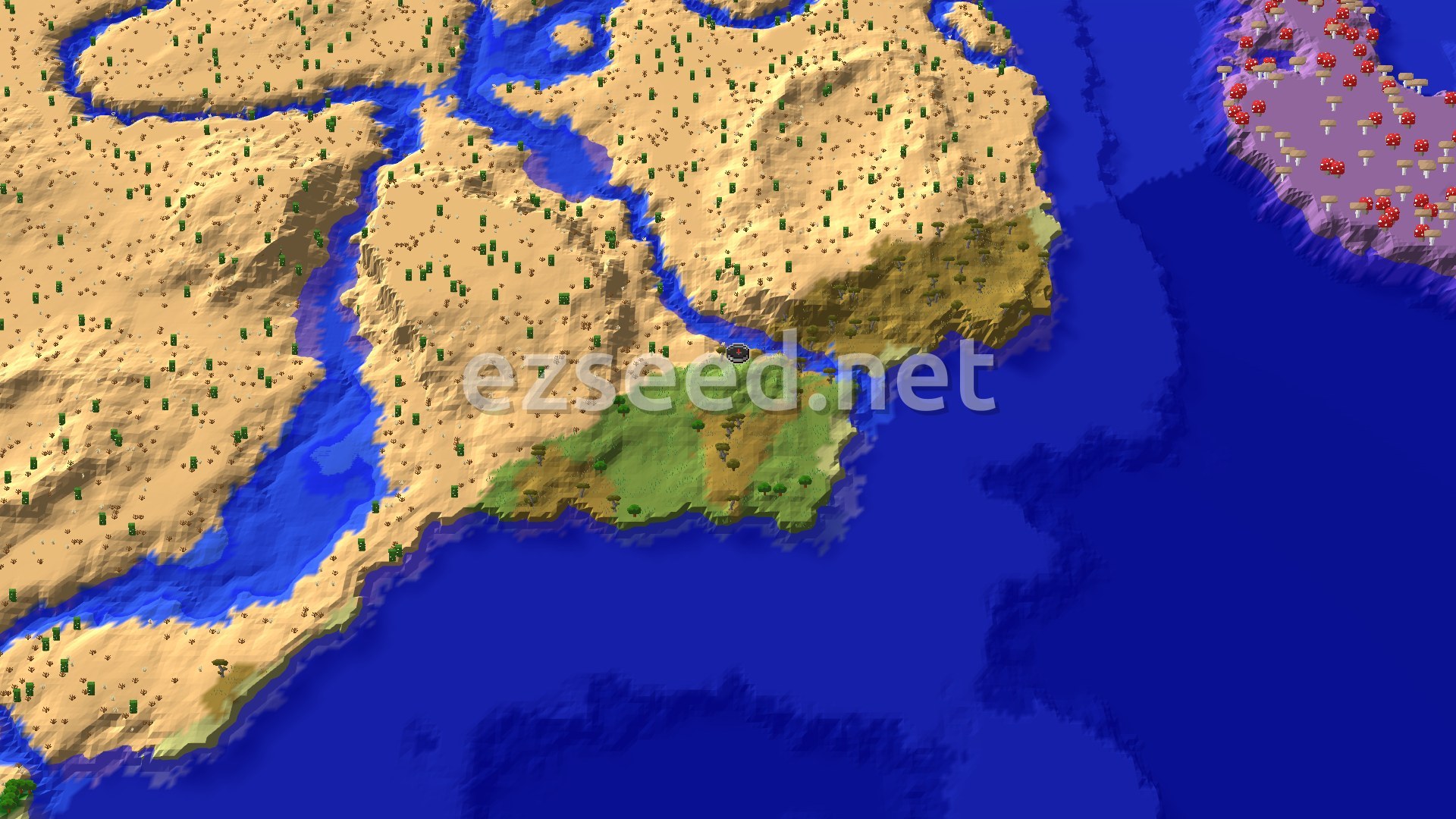 Aerial Minecraft seed map — Desert with Nearby Mushroom Fields and Trial Chambers