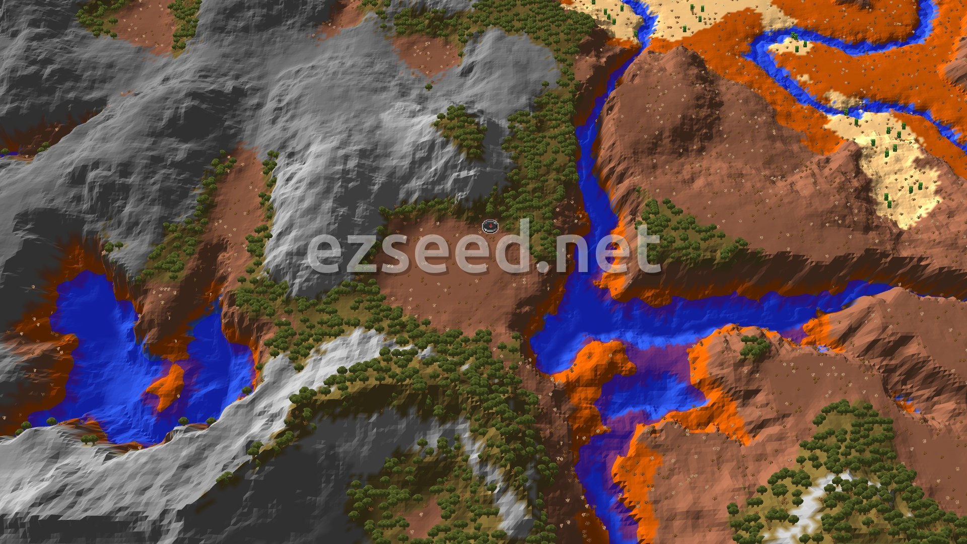 Aerial Minecraft seed map — Wooded Badlands Spawn with Close Ancient City