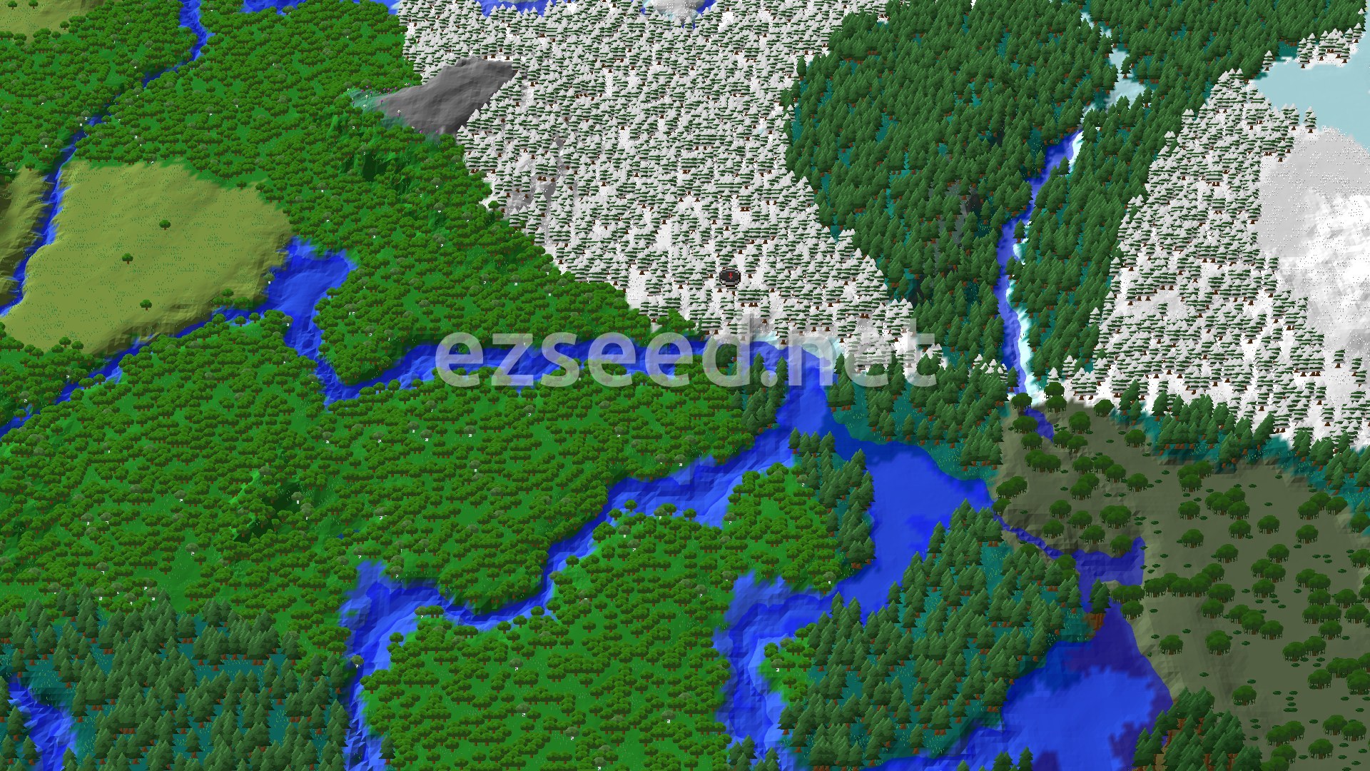 A snowy, forested landscape with a river winding through hills under a bright sky.