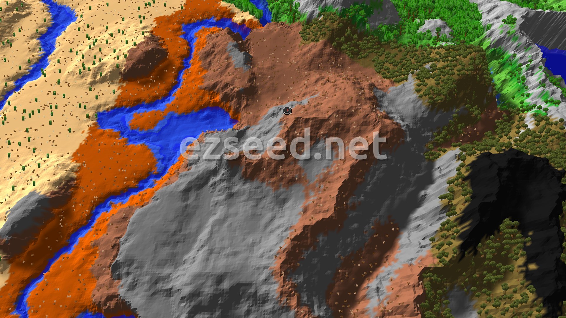 A 3D aerial view of a Minecraft landscape, showing a mountainous Badlands spawn point with patches of red sand, some green trees, and blue rivers winding through a desert on one side and more mountains on the other.