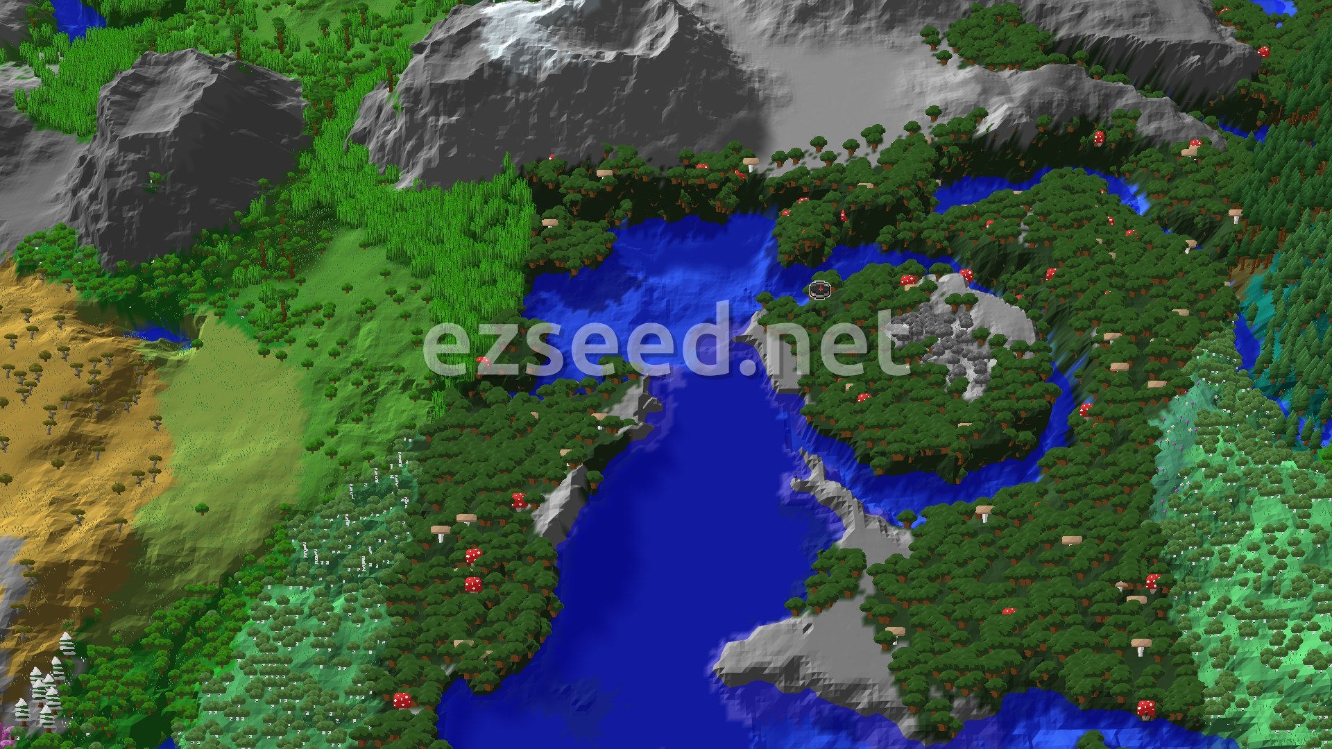 An overhead view of a dark forest biome with many large, dark trees and red mushrooms, bordering a large body of water, with grey mountains in the distance.