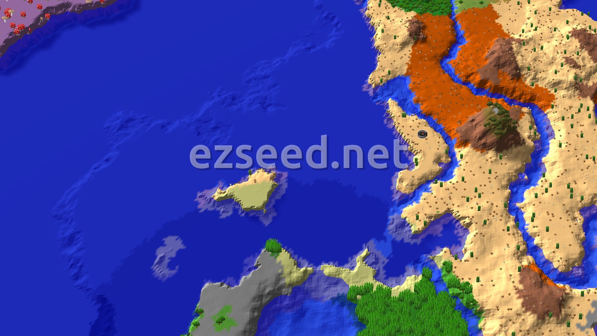 Aerial Minecraft seed map — Desert Spawn with Nearby Badlands and Mushroom Fields
