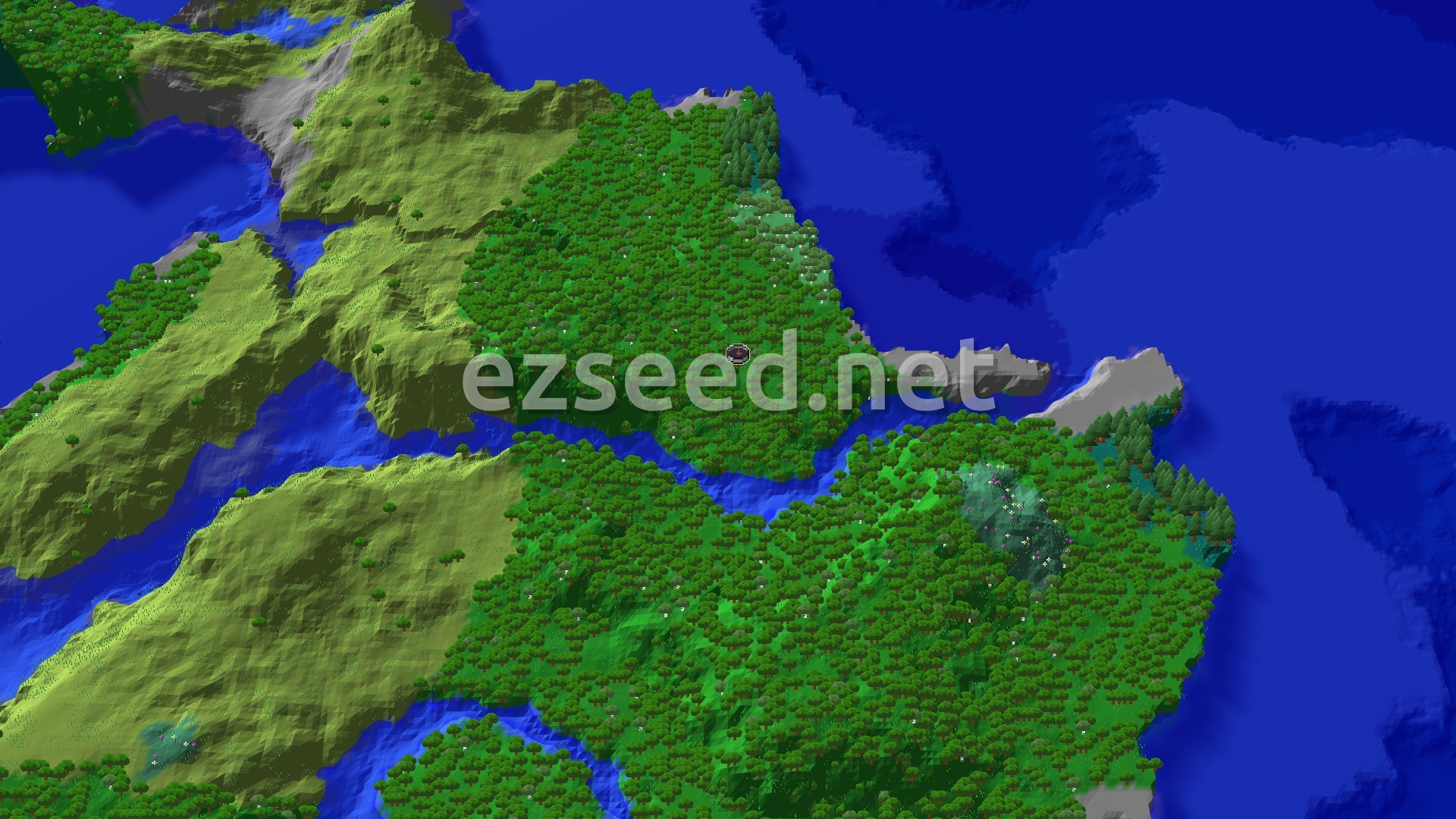 An aerial view of a forest-covered landmass with a small spawn marker in the center. Rivers and oceans surround the land, and stony shores are visible at the edges.