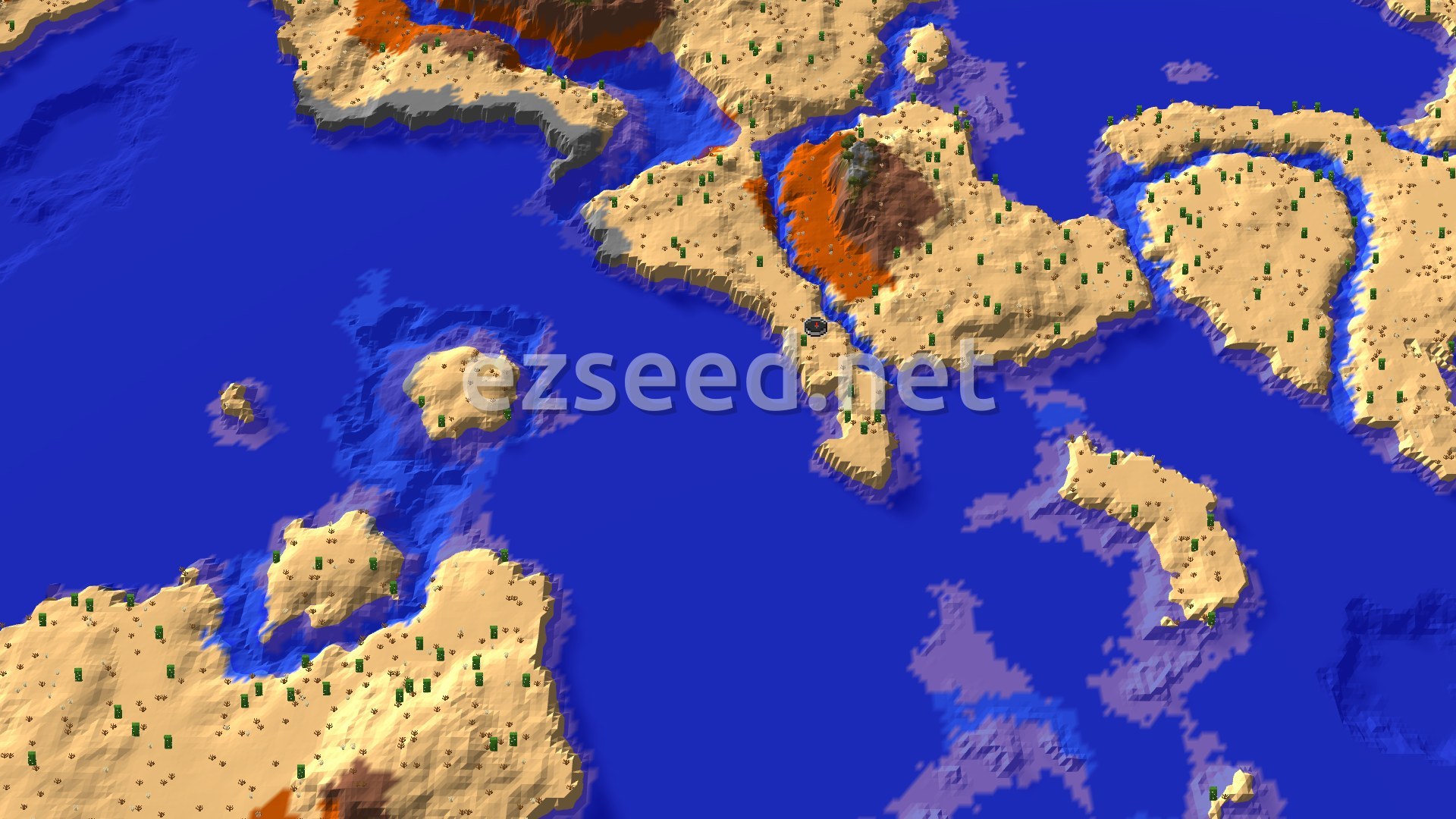 An aerial view of a large desert island surrounded by warm ocean, with a small marker at the spawn point near a river and a patch of wooded badlands.